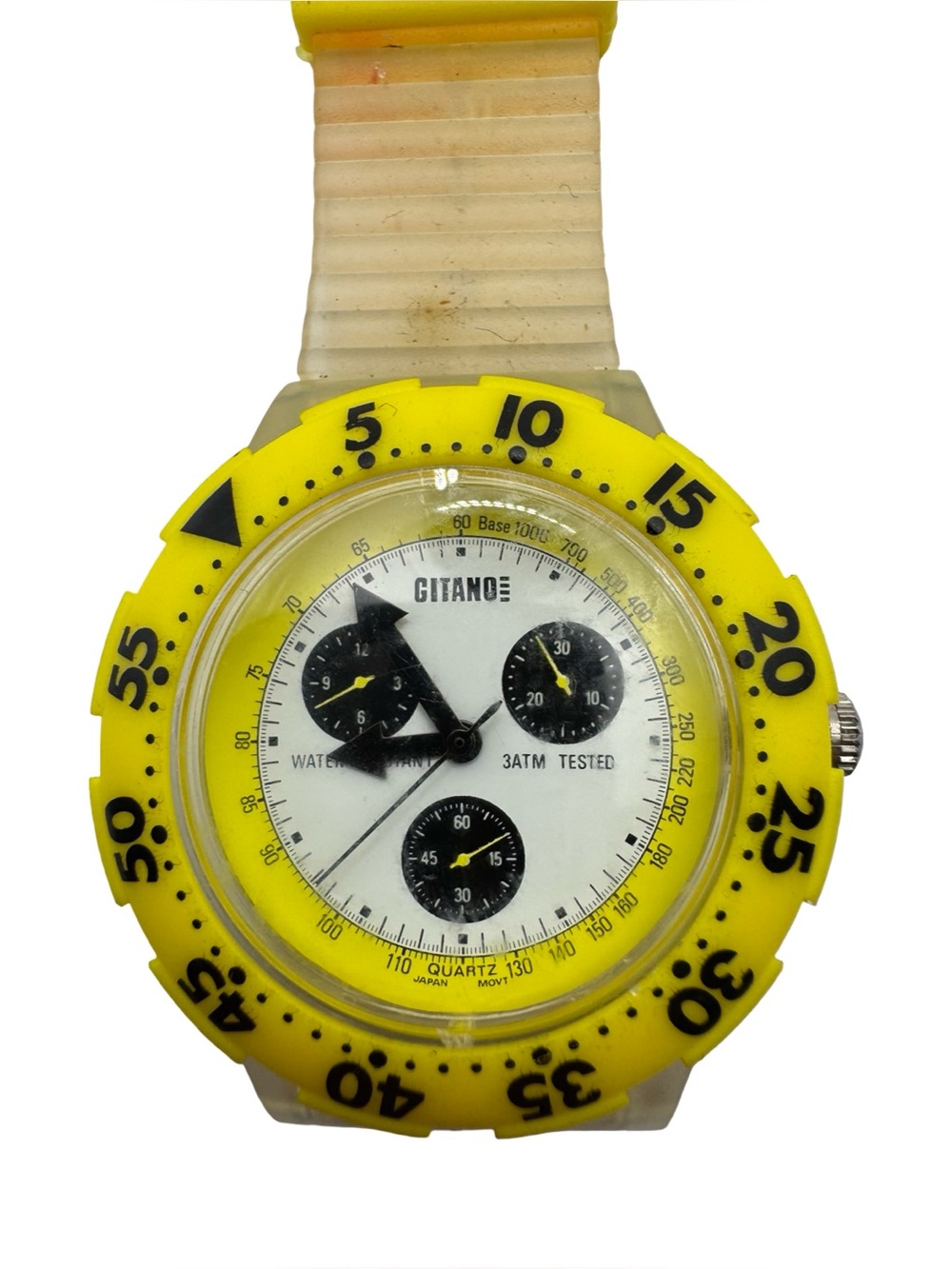 Vintage Gitano Y2K Sport Watch Yellow Bezel Chronograph Clear Strap 3ATM Working